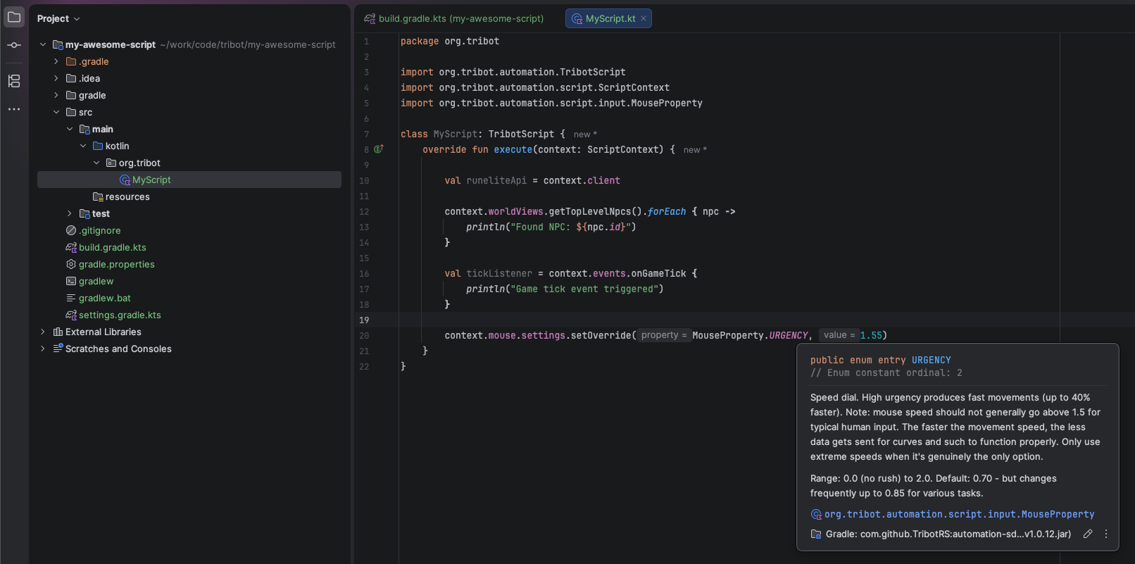 IntelliJ showing a script class with inline SDK documentation popup